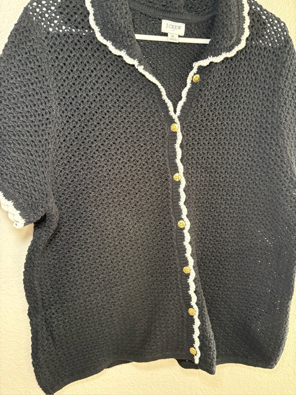 J.Crew Factory Short Sleeve Crochet Gold Button Cardigan Sweater Black XL - Picture 10 of 10